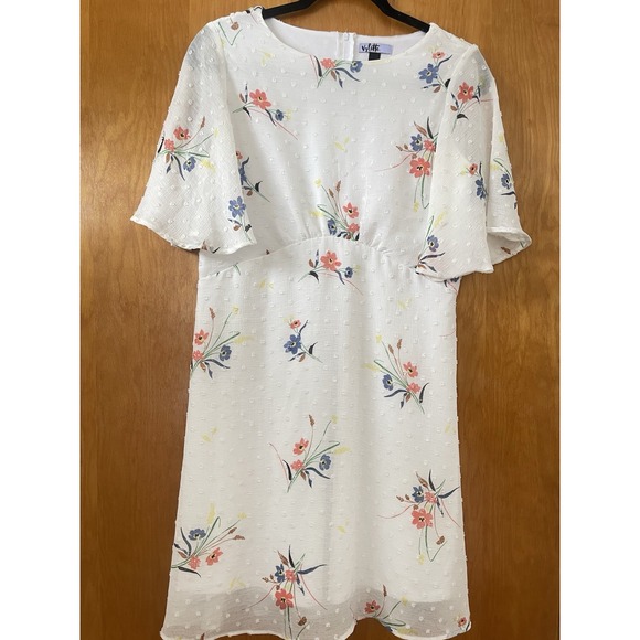 Violet Women's Floral Swiss Dot Dress Ivory Multicolor Short Sleeve Size L - Picture 2 of 4